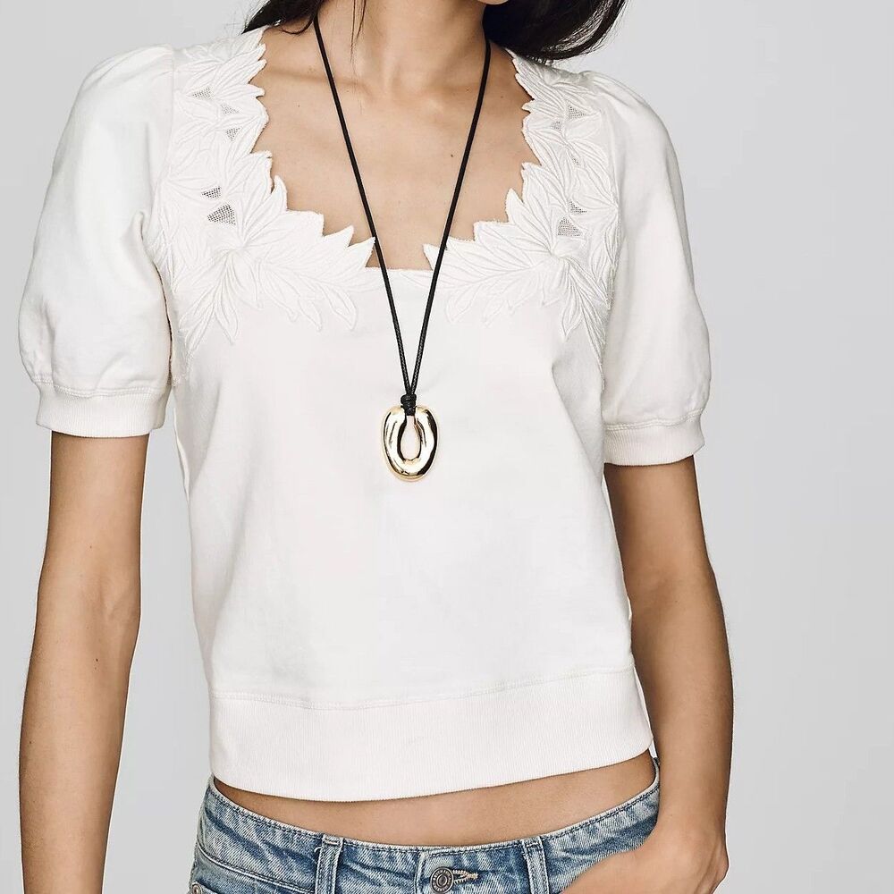 By Anthropologie Deco Crop Pullover Blouse Top White Embroidered Cotton M 291464